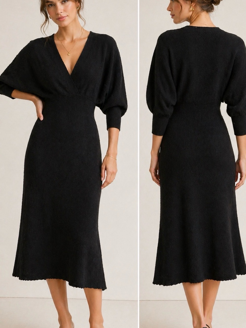 Anthropologie Black Knit Midi Dress V Neck Fitted Waist Size S NWT